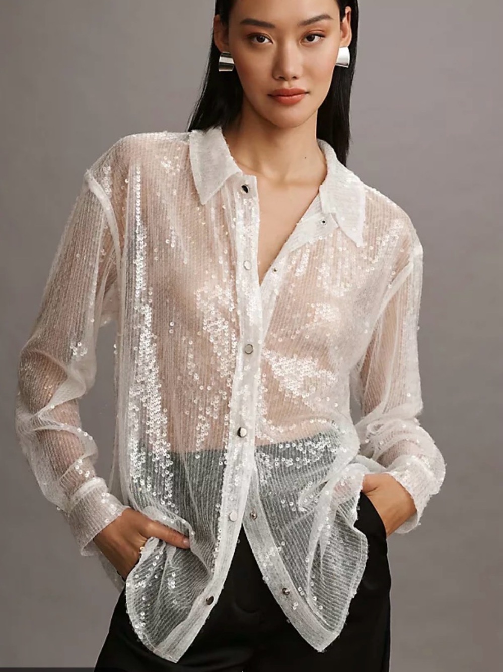 Anthropologie Sheer Long Sleeve Sequin Shirt